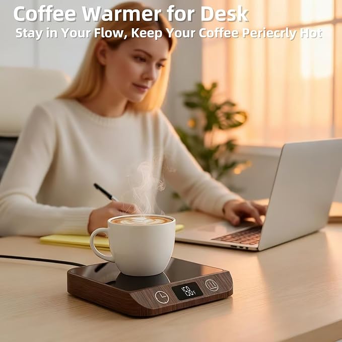 Coffee Mug Warmer & Candle Warmer 46W Electric Cup Warmer for Desk - Smart Digital Display 6 Heat Settings Timer Auto Shut-Off Work from Home Office Gift (Wood)