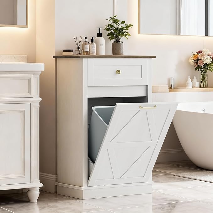 JUMMICO Tilt-Out Trash Can Cabinet, 10 Gallon Laundry Hamper Cabinets with Drawers, for Kitchen, Dining Room and Living Room (White, 2 Piece)