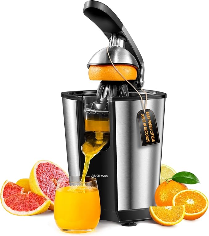 Electric Orange Juicer, Citrus Juicer Squeezer with 2 Cones and Soft Grip Handle for Effortless Juicing, Stainless Steel Quiet Orange Juice Extractor Machines for Lime Grapefruit Lemon