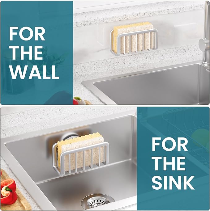 TAILI Sponge Holder for Kitchen Sink with Strong Suction Cup, Rustproof Aluminum Sink Caddy for Sponges, Removable Sponge Holder, Dish Brush for Scraper - Silver