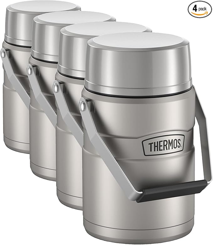 THERMOS Stainless King Vacuum-Insulated Food Jar Matte Steel | With Storage Containers | Built-in Handle | 47 Ounce | Pack of 4