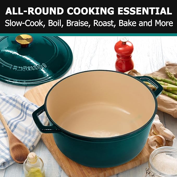 MUELLER HOME 4.5 QT Enameled Cast Iron Dutch Oven, Heavy-Duty Casserole Dish and Braiser Pan with Lid, Oven-Safe up to 500° F & Across All Cooktops, Housewarming Gifts New Home, Emerald