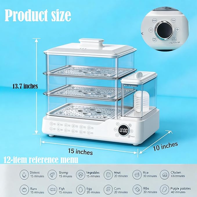 Electric Steamer: 24L/25QT Electric Steamer for Cooking, 3 Tier Food Steamer with Detachable Water Tank, Steamer for Food with 800W Power for Veggies, Seafood & Rice, BPA-Free