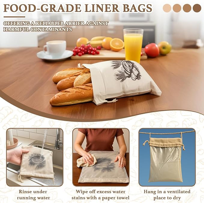 Reusable Bread Bags with TPU Liner -Linen Bread Bag for Sourdough & Homemade Cloth Bread Bags Keeps Fresh Longer 2 Pack
