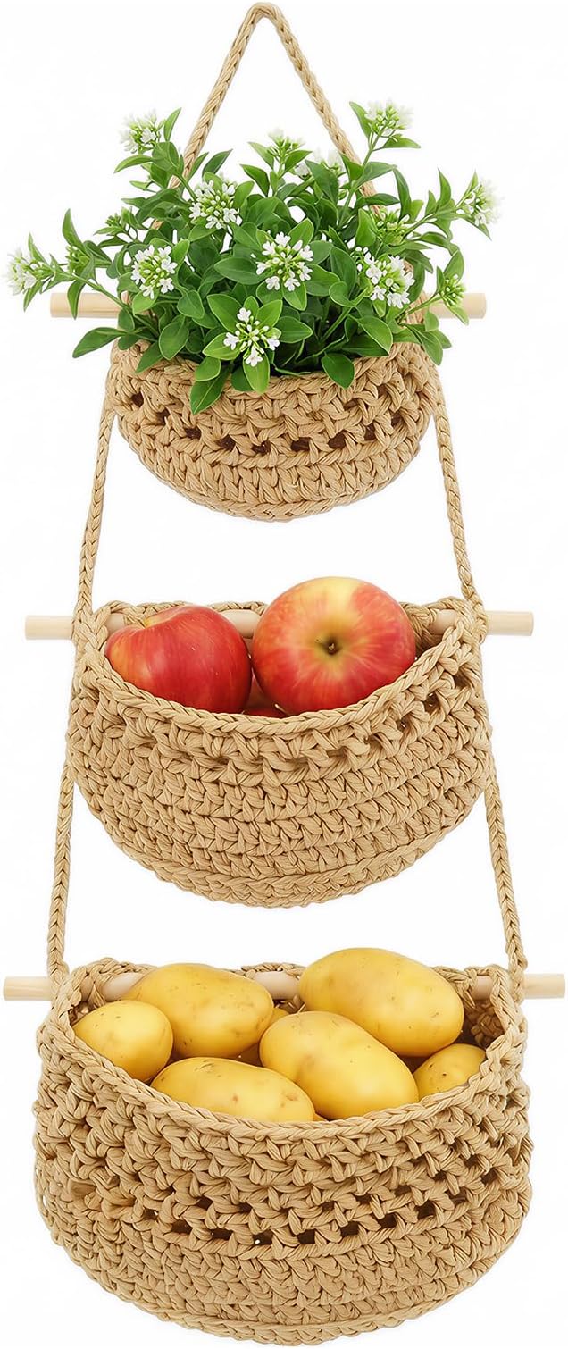 Hanging Fruit Basket, 3 Tier Cotton Woven Wall Basket, Detachable Wall Hanging Baskets for Kitchen Bathroom Storage, Plants Holder, Vegetable Onion Organizing, Boho Decor Aesthetic