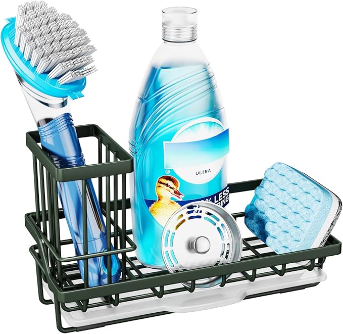 Consumest Sponge Holder for Kitchen Sink - Kitchen Sink Caddy Organizer with Removable Drip Tray for Countertop Dish Soap Dispenser Brush Storage Accessories 304 Stainless Steel, Green