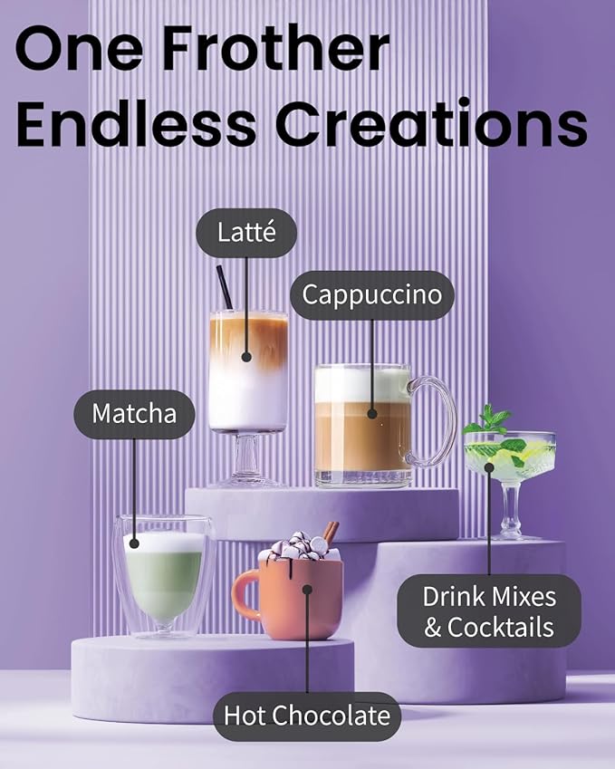 Elementi Milk Frother Wand & Drink Mixer with Stand - Turbo Milk & Coffee Frother Handheld - Hand Held Coffee Mixer Wand & Cold Foam Maker for Frothy Cappuccinos, Lattes & Drink Mixes (Lavender)