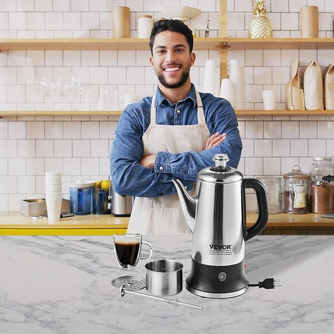 VEVOR 12-Cup Electric Percolator Coffee Pot, 304 Stainless Steel Body Coffee Percolator with Keep Warm Function & Heat-Resistant Handle, Classic Coffee Maker, Quick Brew & Easy-Pour Spout, Silver