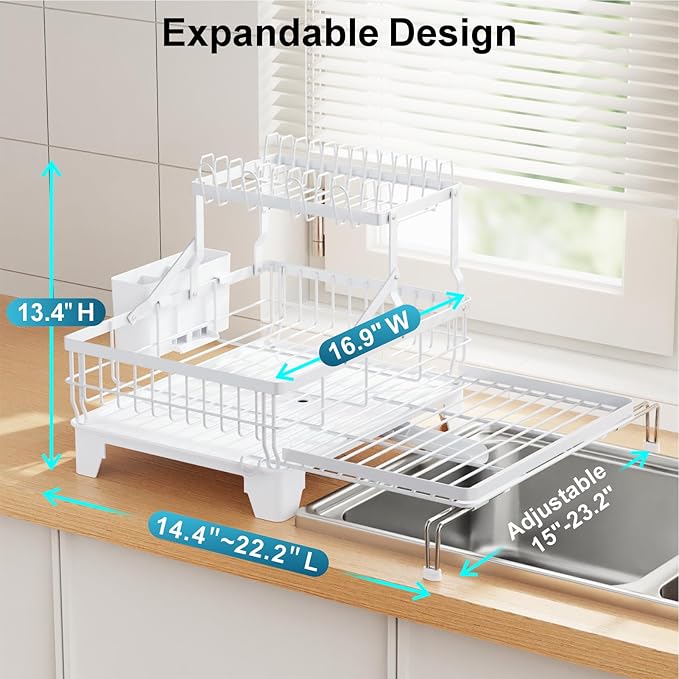 GSlife Large 2 Tier Dish Drying Rack, Expandable Heavy-Duty Dish Rack for Kitchen Counter, Rust-Resistant Dish Drainer with Utensil & Cup Holder, Auto-Drain, 16.9" W x 14.4"-22.4" L, White