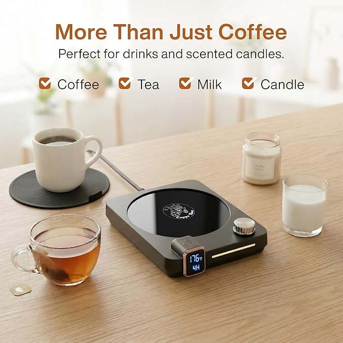 Coffee Mug Warmer for Desk, 40W Electric Cup Warmer with Digital Display, 9 Temp Settings, 1–12H Timer & Auto On/Off, LED Display Candle & Beverage Warmer Plate.