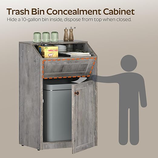 YATINEY Trash Cabinet, Freestanding Trash Can Cabinet, Wooden Recycling with Flip Door, 10 Gallon Hidden Kitchen Garbage Can for Kitchen, Living Room, Grey WB01BG