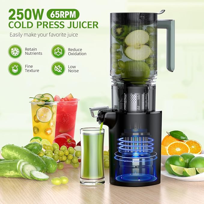 Cold Press Juicer,5.4" Wide Feed Chute Juicer Machines,High Juice Yield,Slow Masticating Juicer for Whole Vegetables & Fruits Fruits,Black