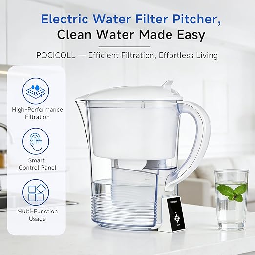 Electric Water Filter Pitcher for Tap and Drinking Water,Long-Life Filter，Removes 99% Lead, BPA-Free, Fits Fridge, for Tap Water Purification (White)