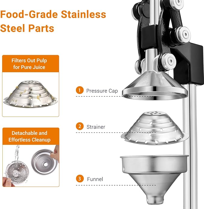 TONGCHANT Cast Iron Juicer, Heavy Duty Manual Citrus Press | Hand Press Juicer for Orange Lemon Pomegranate, High Leverage for Easy Juicing, Stainless Steel Cup, Black