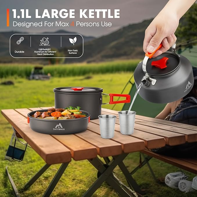 THTYBROS 17pcs Camping Cookware Kit, 0.45Gal Pot, 7inches Pan,0.30Gal Kettle Set with 2 Set Stainless Steel Cups Plates Forks Knives Spoons for Hiking