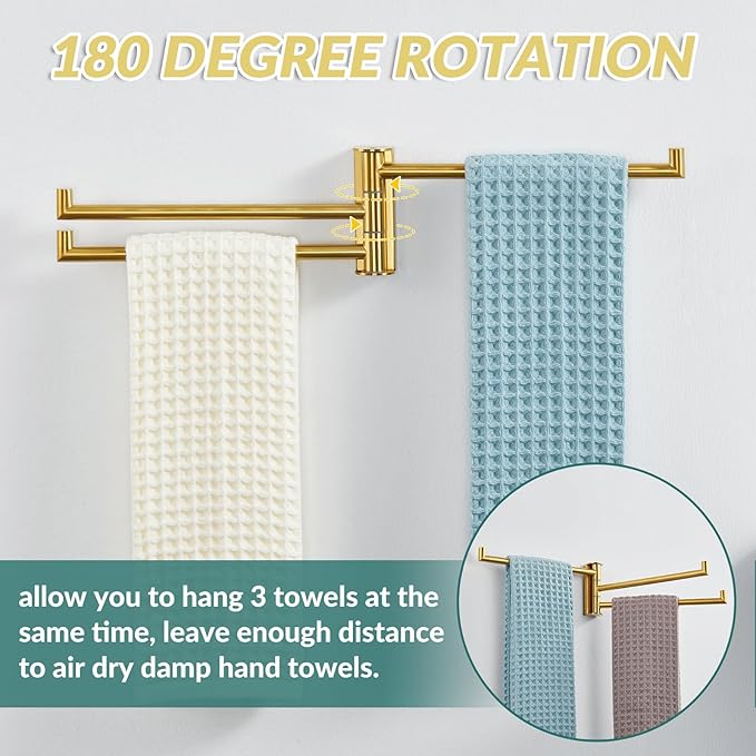 APLusee Swivel Towel Rack for Bathroom Door Wall Mounted, Swivel Towel Bar with 3 Rotating Arms 304 Stainless Steel, Flexible Kitchen Wall Hanging, Brushed Gold