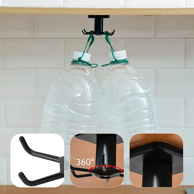 360° Rotating Kitchen Hooks, Adhesive Utensil Organizer Rack with 6 Hooks - No Drill Cabinet Mount for Spoons, Towels & Cups (2pcs)