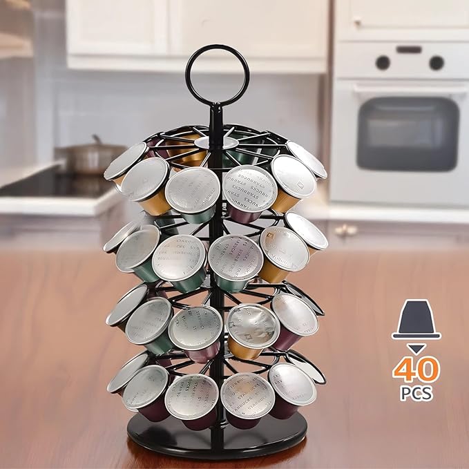 Coffee Pod Carousel, 360° Rotating Organizer for Capsules, Holds 40 Pods, Stylish Coffee Rack