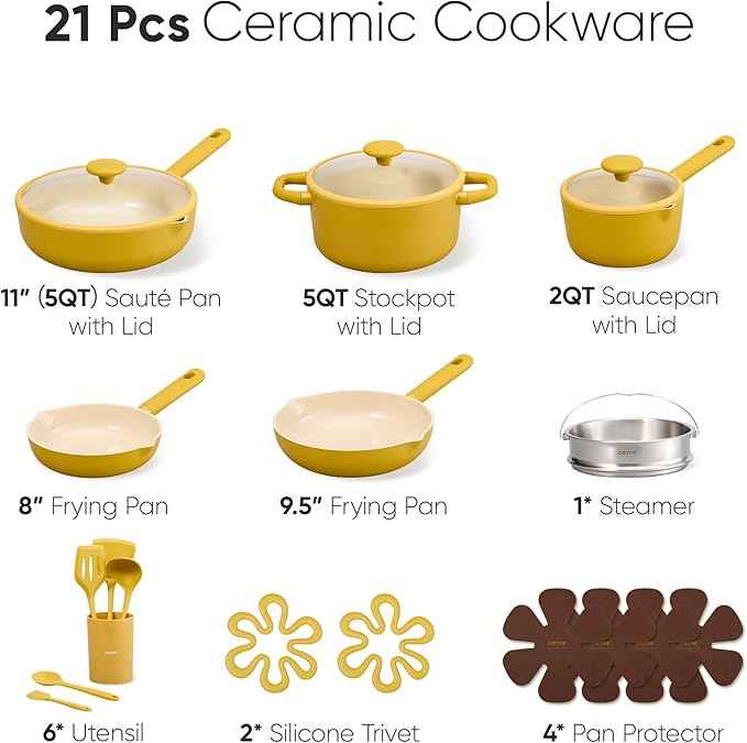 CAROTE 21pcs Cookware Set Nonstick Pots and Pans Set, Ceramic Cookware Set Induction Cookware, Non toxic Healthy Non Stick Kitchen Cooking Set, PFAS PTFE Free