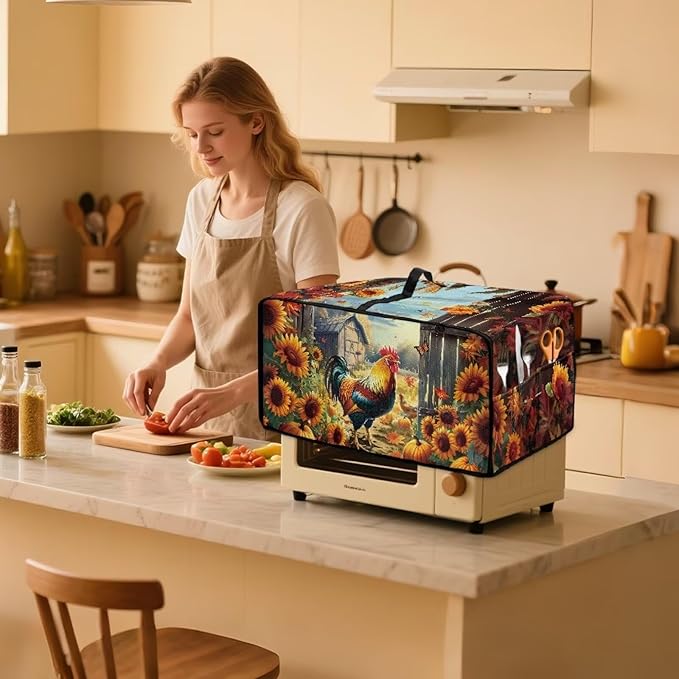 Toaster Oven Dust Cover Dustproof Smart Oven Air Fryer Microwave Cover with Pockets, Electric Appliance Protector Fall Home Decor, L, Chicken Rooster Sunflower Pumpkin Butterfly