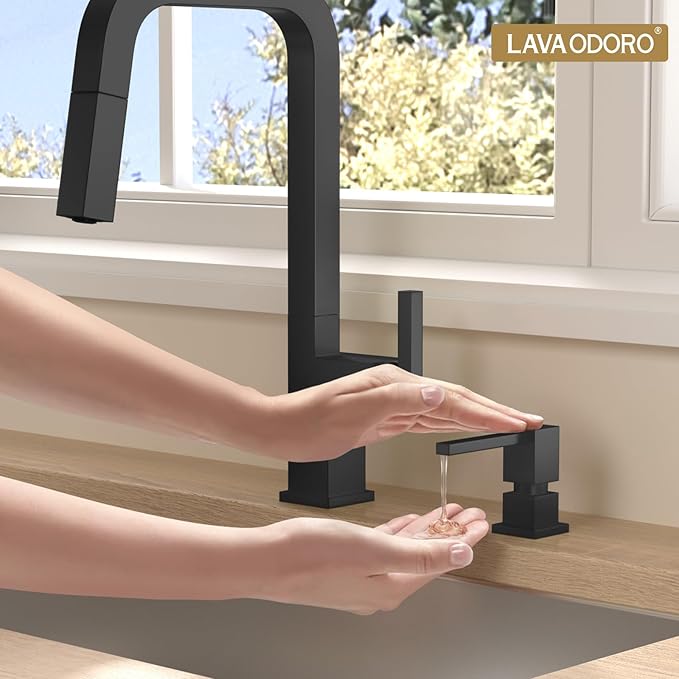 Lava Odoro Soap Dispenser for Kitchen Sink, Black Sink Soap Dispenser Pump, Modern Square Built in Kitchen Sink Countertop Pump Dispenser with 18oz Refillable Bottle, Spot-Free KSD182-MB