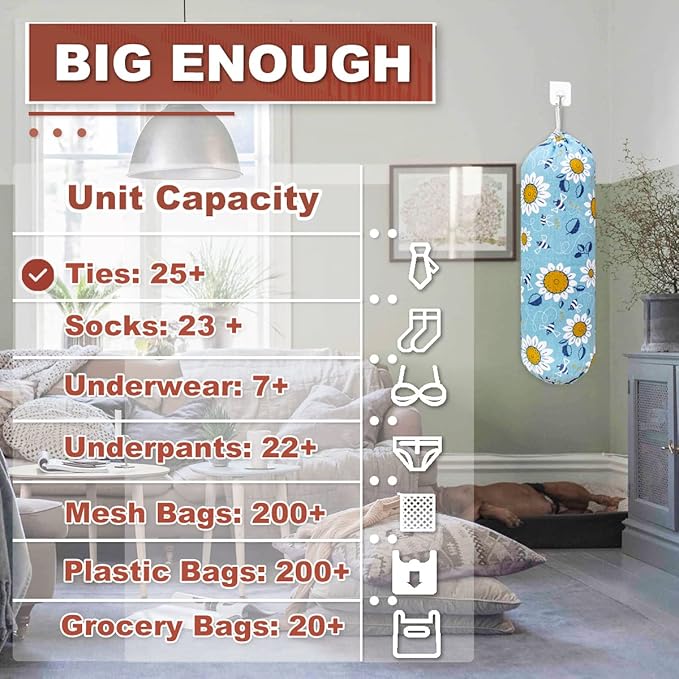 Plastic Bag Holder, Wall Mount Plastic Bag Organizer, Washable Large Grocery Bag Storage Dispenser, Shopping Bags Carrier for Home Kitchen Travelling, Free Adjustment with Drawstring, Sunflower,22x9"