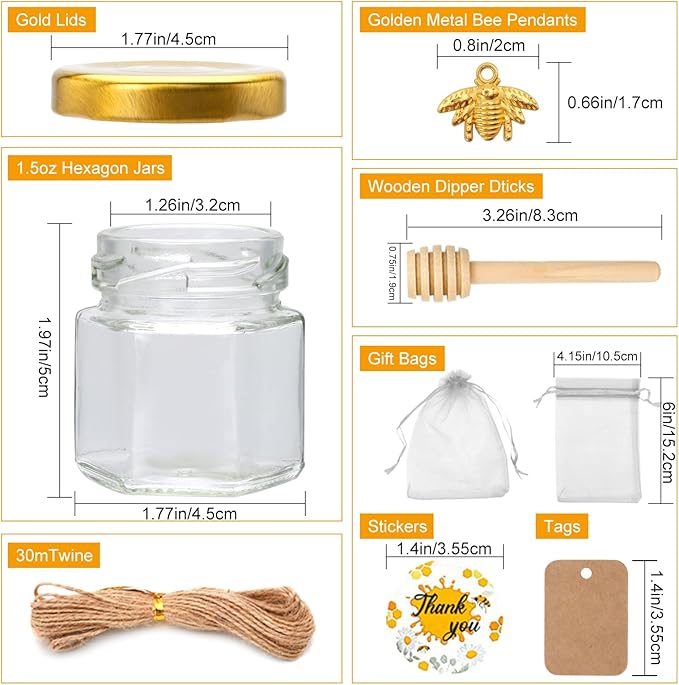 XING-RUIYANG 60 pack 1.5 oz Mini Honey Jars，baby shower favors,There's honey sticks, bee pendants, stickers and gold goodie bags，Suitable for wedding party gifts