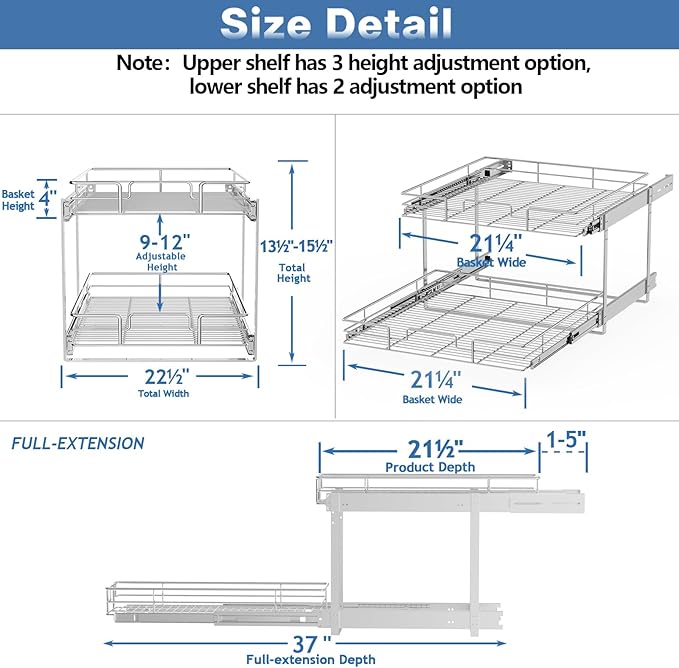 LOVMOR 2 Tier Individual Pull Out Cabinet Organizer 22½" W x 21½" D, Slide Out Kitchen Cabinet Storage Sliding Shelves