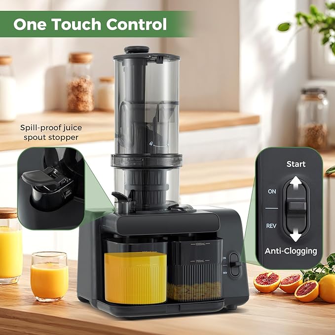 Cold Press Juicer, 5.3" Wide Feed Chute Easy to Clean Juicers w/Cleaning Brush & 2 Cups, 200W Power Motor Slow Masticating Juicer Machine w/High Juice Yield for Whole Vegetables & Fruits
