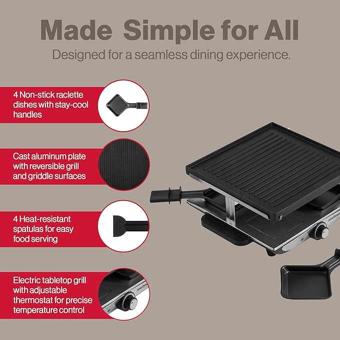 Swissmar Geneva Raclette Grill with Reversible Cast Aluminum Grill Top - Perfect for outdoor & Indoor Electric Raclette Grill & Griller - Barbeque Bonding - 4-Person