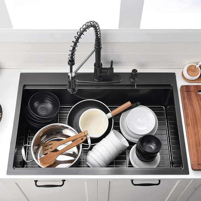 30 Inch Black Drop in Kitchen Sink Workstation -VOKIM 30 x 22 - Inch Drop in sink 16 Gage Stainless Steel TopMount sink Single Bowl 10'' Deep Kitchen Sink with Cutting Board
