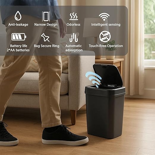 Touchless Motion Sensor Trash Can with Sealing Lid Automatic Soft Close Silent Bathroom Kitchen Office Waste Bin Narrow Rectangular ABS Hands Free Smart Home Garbage Container (Black)