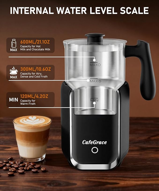 Milk Frother Automatic, Electric Milk Frother and Steamer Removable Dishwasher Safe, Electromagnetic Heating, for Latte, Cappuccino, Chocolate Milk, Hot & Cold Foam,
