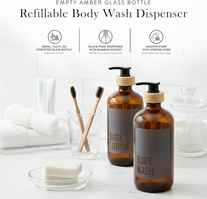SAVVY & SORTED Amber Glass Soap Dispenser with Pump, Body Wash Soap Dispenser, Refillable Hand Soap Bottle for Bathroom, Matching Body Lotion Bottle Available, 17 Fl Oz / 500 ml