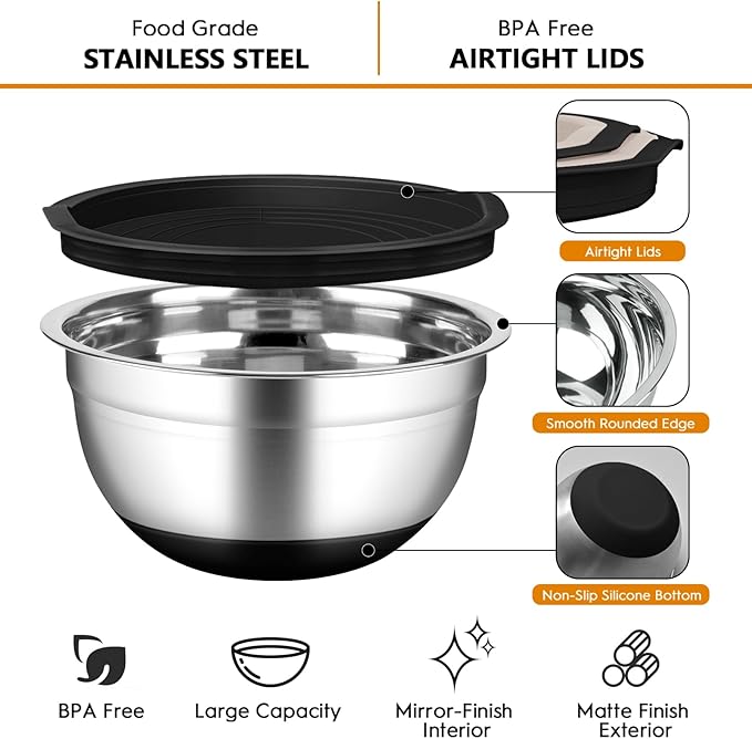 CHAREADA Mixing Bowls with Airtight Lids, 18pcs Stainless Steel Nesting Colorful Mixing Bowls Set Non-slip Silicone Bottom, Size 4.5, 3.6, 2.7, 2.1, 1.7, 1.1, 0.7 qt, Fit for Mixing & Serving (Black)