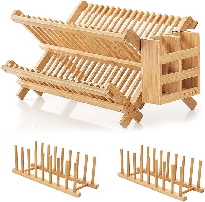 HBlife Bamboo Folding 2-Tier Collapsible Drainer Dish Drying Rack with Utensils Flatware Holder and 2pcs Dish Plate Bowl Cup Book Pot Lid Cutting Board Drying Rack Stand