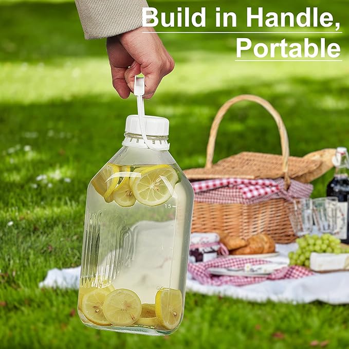 Syntic 2 Qt Glass Milk Bottle with Reusable Strong Airtight SCREW LID, 64 Oz Glass Juice Bottles for Almond Milk, Oat/Nut Milk- 0.5 Gal Water Bottle with 2 Exact Scale Lines, Extra Handle AND Cap！