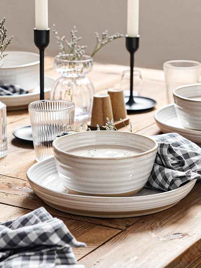 LE TAUCI Dinnerware Sets 16 PCS, Stoneware Plates and Bowls Set, House Warming Wedding Present, Serve for 4 (10" Dinner Plates + 8" Salad Dish + 28 oz Cereal Bowl+12oz coffee mugs) x 4, Arctic White