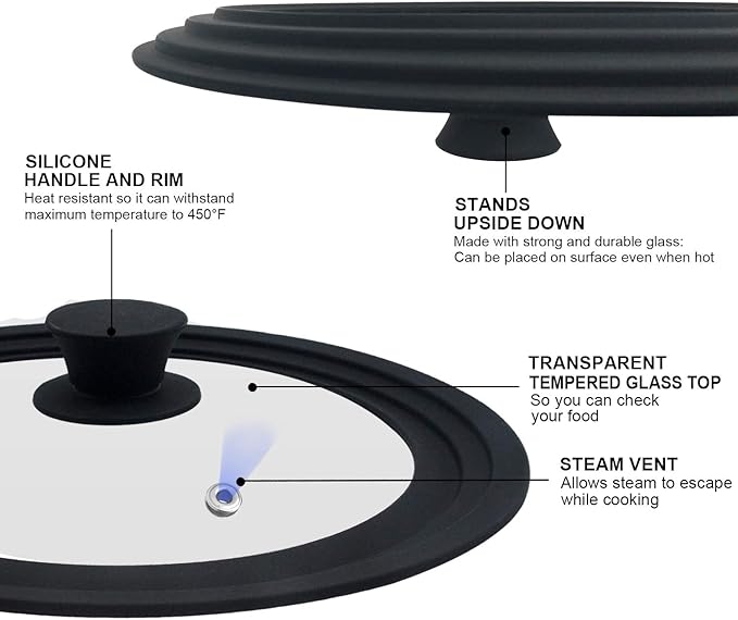 Universal Lid for Pots, Pans and Skillets - Tempered Glass with Heat Resistant Silicone Rim, Fits 10", 11" and 12" Diameter Cookware, Round