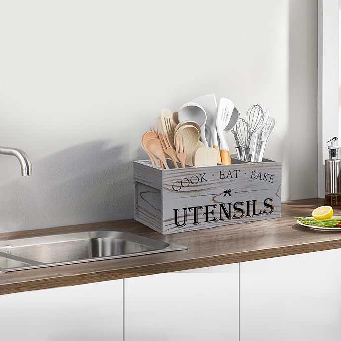 Suli Extra Large Kitchen Utensils Holder with 4 Compartments, Wooden Utensil Organizer for Kitchen Countertop, Farmhouse Decor, Rustic Cooking Utensil - Grey grain