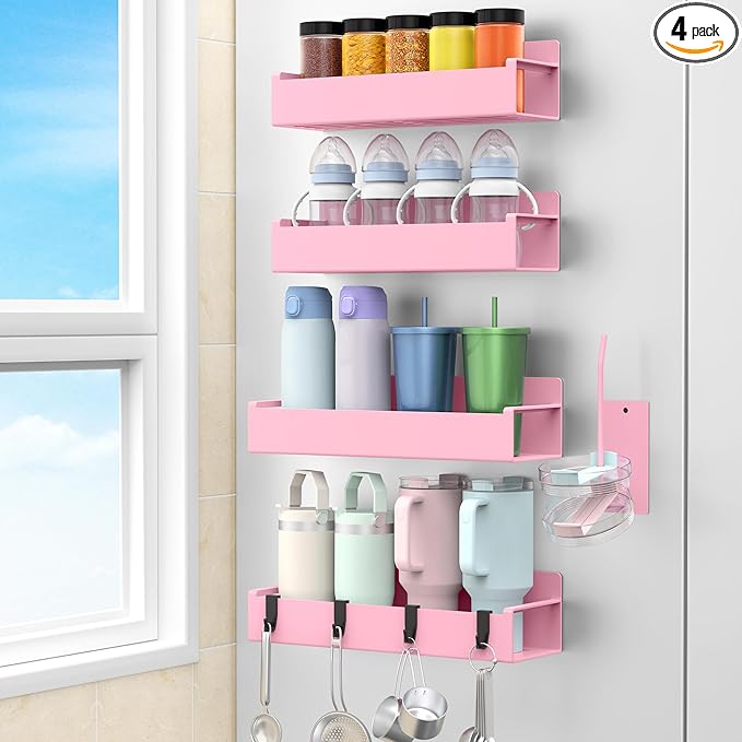 Magnetic Water Bottle Holder for Refrigerator, Cup Holder Organizer for Stanley and Tumbler for Kitchen, 4 Pack, Pink
