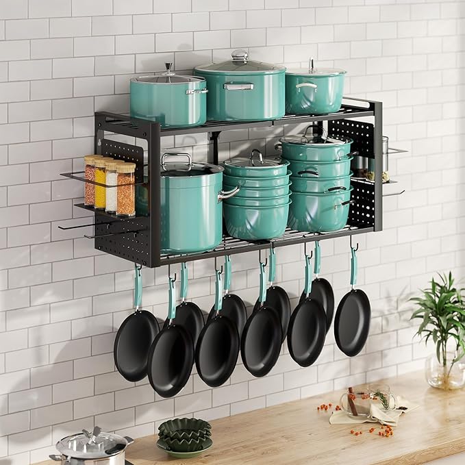 31 Inch Pot Rack Wall Mounted, 2-Tier Pots and Pans Organizer with 20 Hooks & Pan Organizer and Spice Rack, Heavy Duty Hanging Pot Hanger for Kitchen Cookware, Utensils, Black