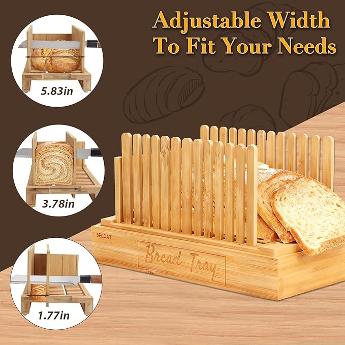 3-in-1 Bread Slicer set for Homemade Bread with Storage Box and Bread Serving Tray for Homemade Bread - Upgrade Bamboo Wooden Bread Slicer Kit - Adjustable Width, Crumb Tray, Cloth Bags