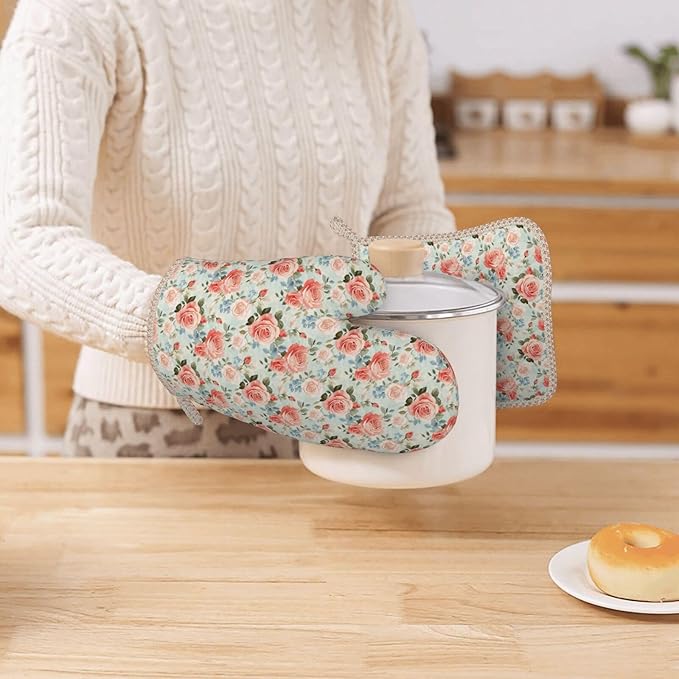 Oven Mitts and Pot Holders Rose Flower Vintage Botanical Silicone Kitchen Accessories Set of 4 Heat Resistant Long Gloves Potholder Non-Slip Grip for Chef Cooking Baking Grilling BBQ