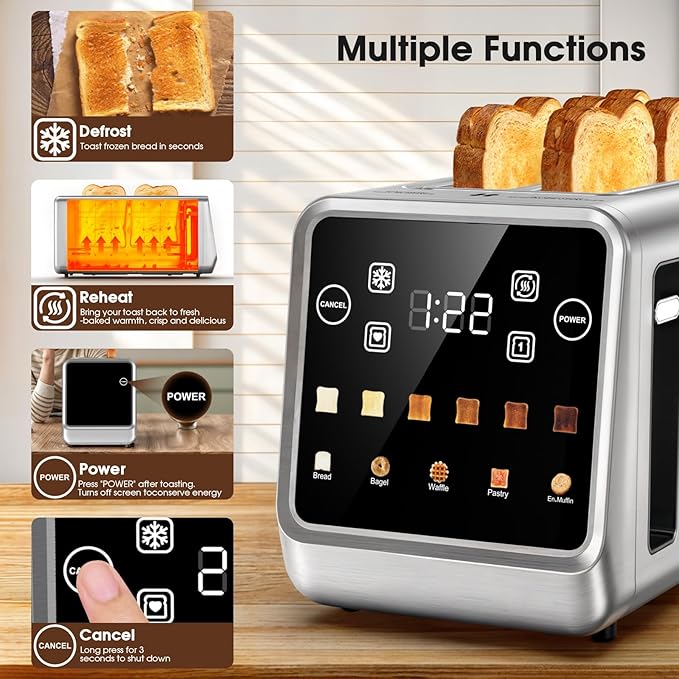 Toaster 4 Slice Long Slot with Digital Touchscreen & 1-Touch Memory for Family | Stainless Steel for Bagels & Artisan Bread | Defrost Reheat & Single-Slice Modes