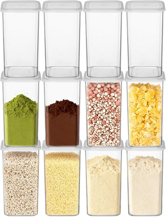 novelinks Clear Plastic Jars with Lids, Reusable Empty Square Storage Containers for Household and Kitchen Organizing (12 Pack Large)
