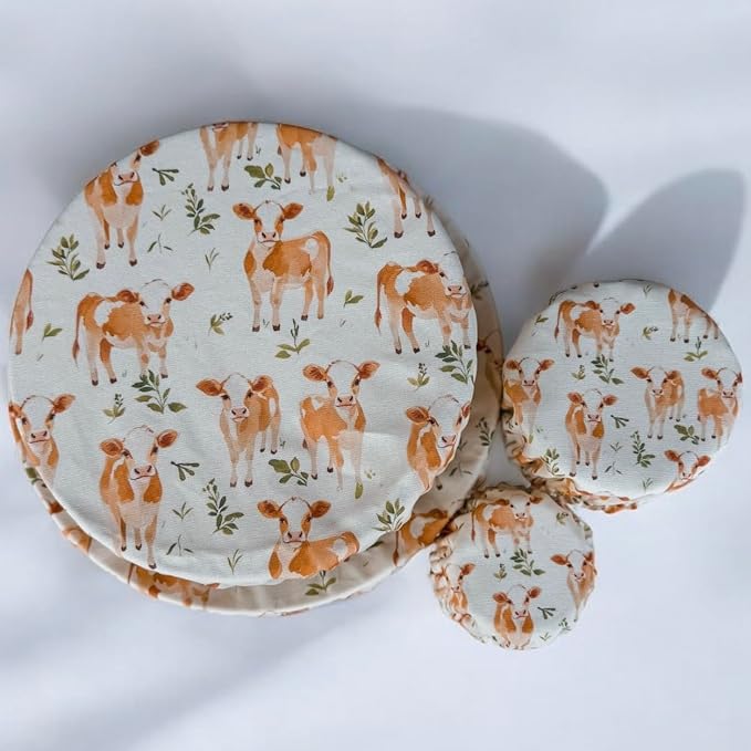 (4-Pack) Sourdough Reuseable Jar & Bowl Covers | Cute Baking Gift | 100% Cotton | Washable | Bread Proofing | Kitchen Food Storage Gifting | Starter Cover Lid Kit (Jersey Cow)