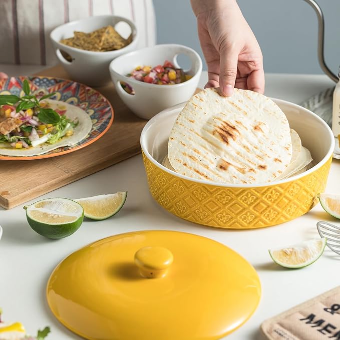 Ceramic Taco Holders Set of 2, Tortilla Warmer with Lid Oven Safe