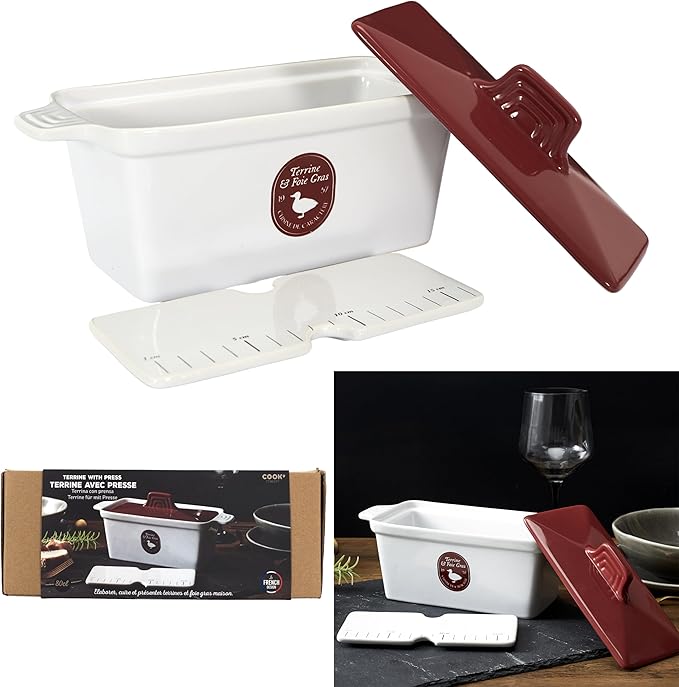 Saveur et Degustation KC2301 Foie Gras Terrine with Press, Ceramic, Red/White, 25.5 x 11 x 27 cm