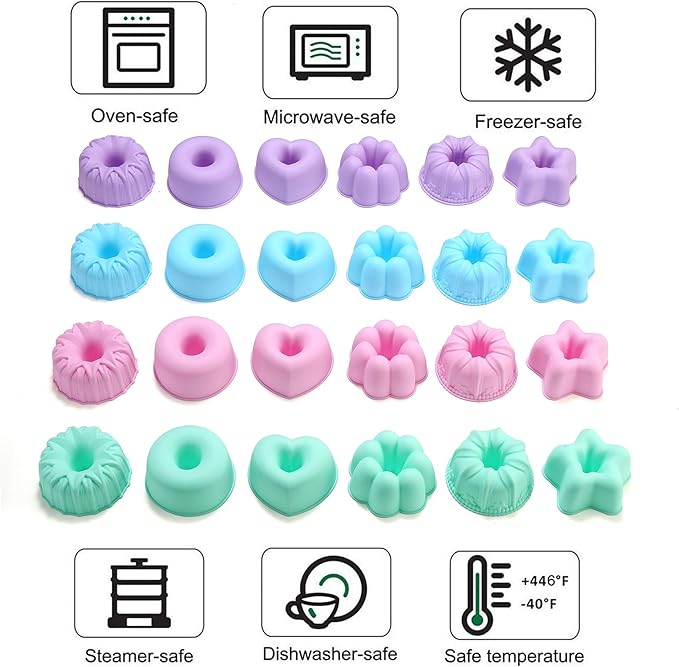 To encounter 24Pack Silicone Molds, Nonstick 3 inches Donut Mold, Silicone Baking Cups, Donut Pan, Muffin, Jello, Bagel Pan, Oven- Microwave- Dishwasher Safe